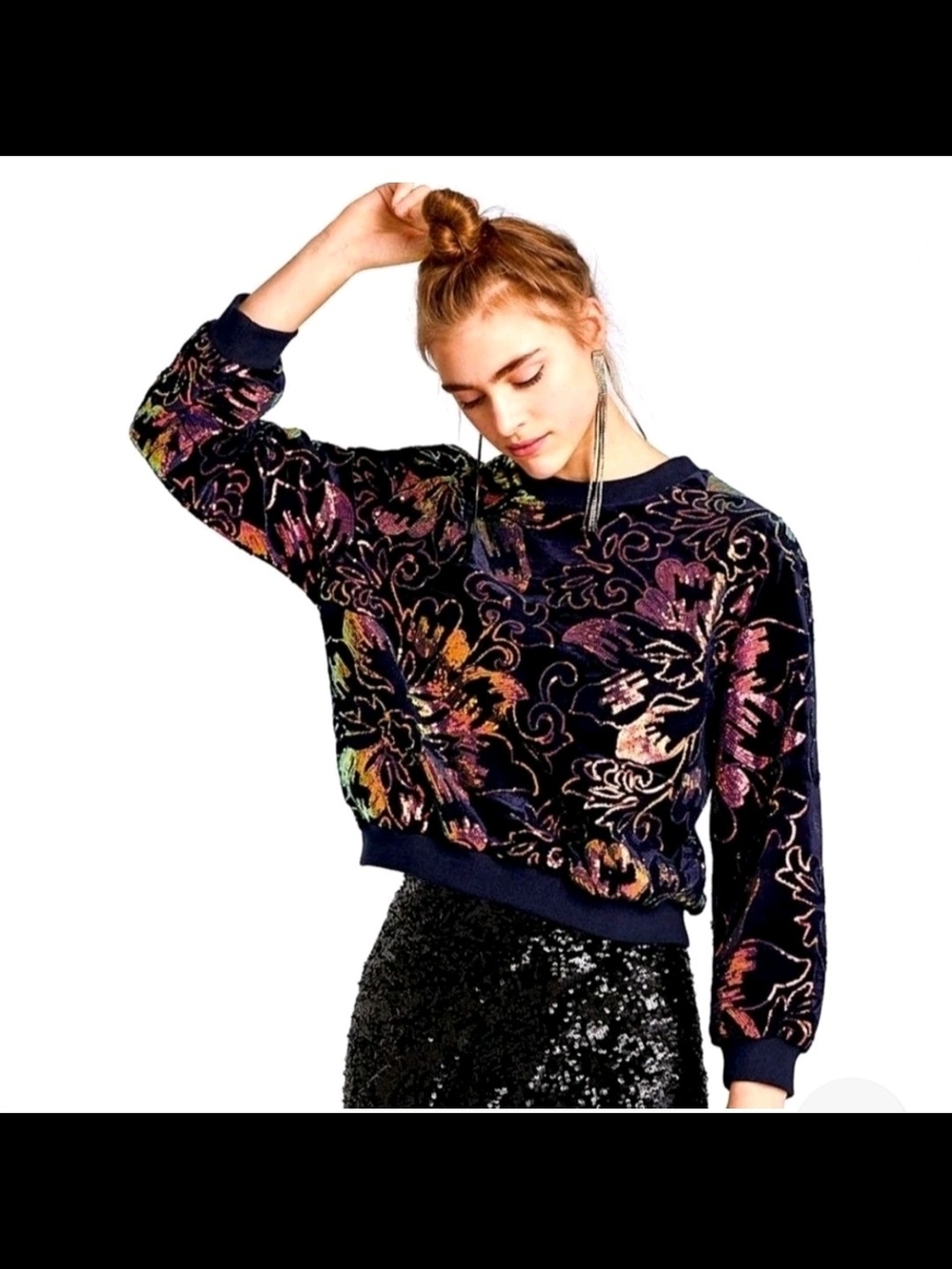 Zara Velvet Floral Sequine Sweatshirt - Multicolor on Navy